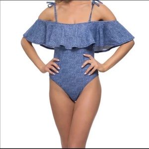 Denim Off the shoulder one piece swimsuit